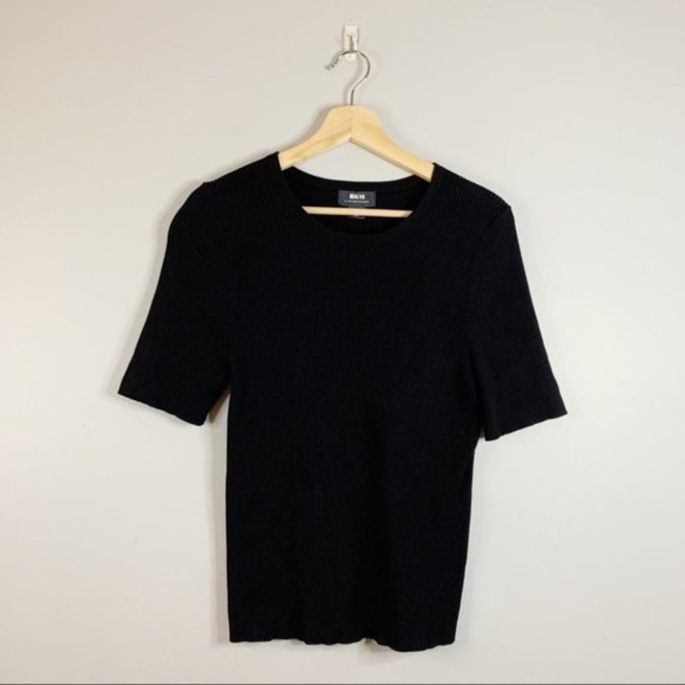 Anthropologie Maeve Black Short Sleeve Ribbed Knit Top Shirt Womens Large XL
